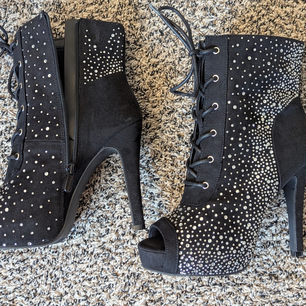 torrid Black Rhinestone Lace-Up Peep-Toe Stiletto Booties - Picture 5 of 6